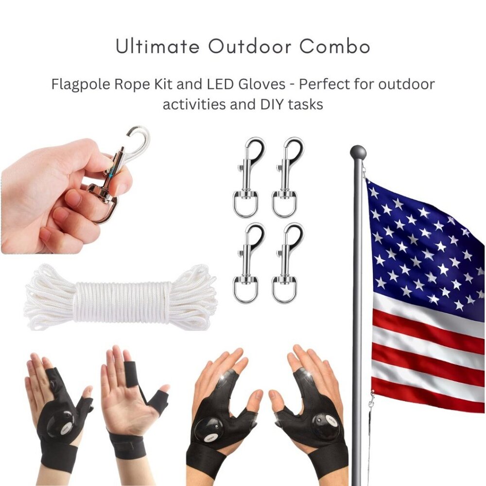 Hand Gloves with LED Flashlight & 100ft Nylon Flagpole Line Rope Combo Pack
